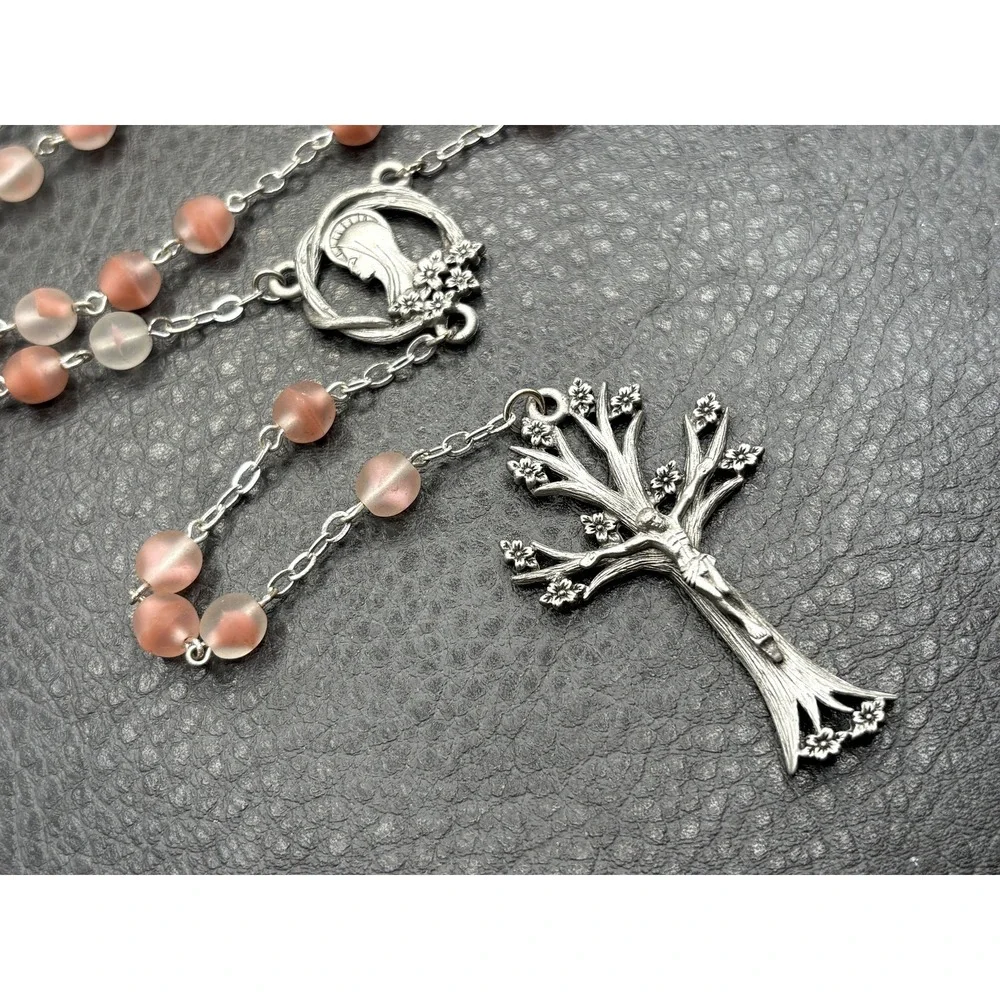 Dogwood Tree Pink Glass Rosary Bead Necklace Cross Pendant Silver Tone Boho